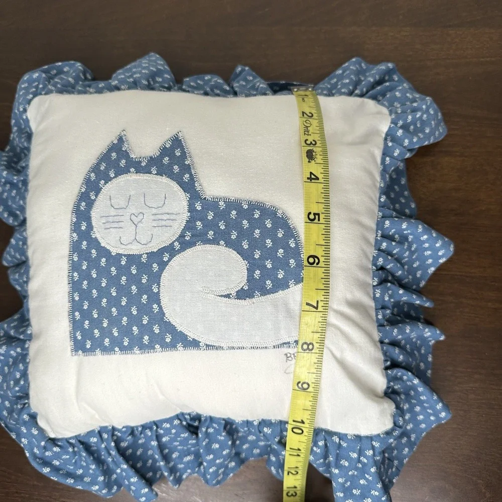 Vintage Quilt Cat Throw Pillow Blue Ruffle Grannycore Embroidered Handmade Kitty
